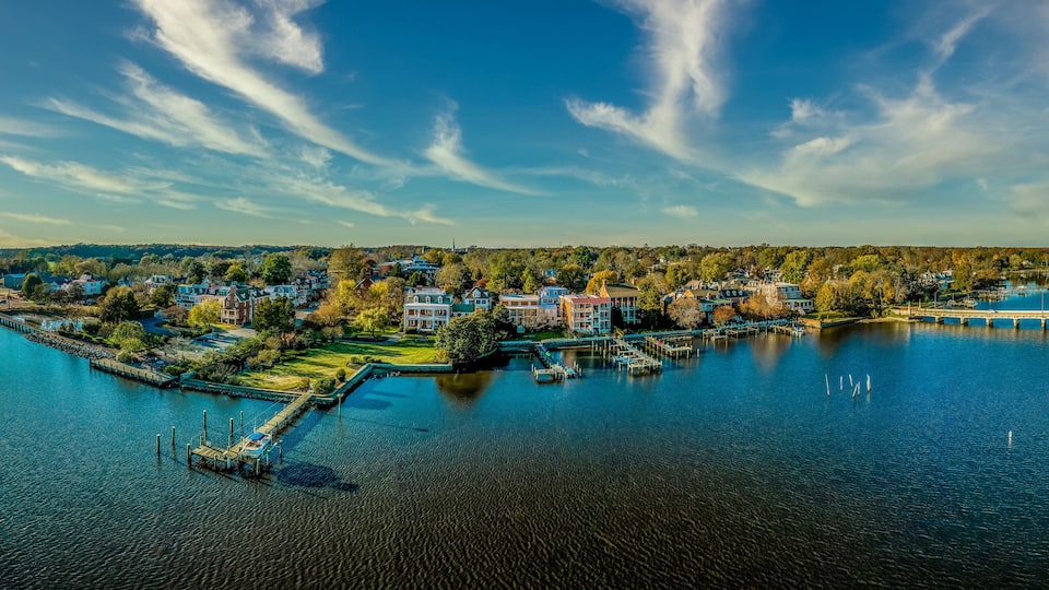 A waterfront town with a pier, dock, and several buildings.