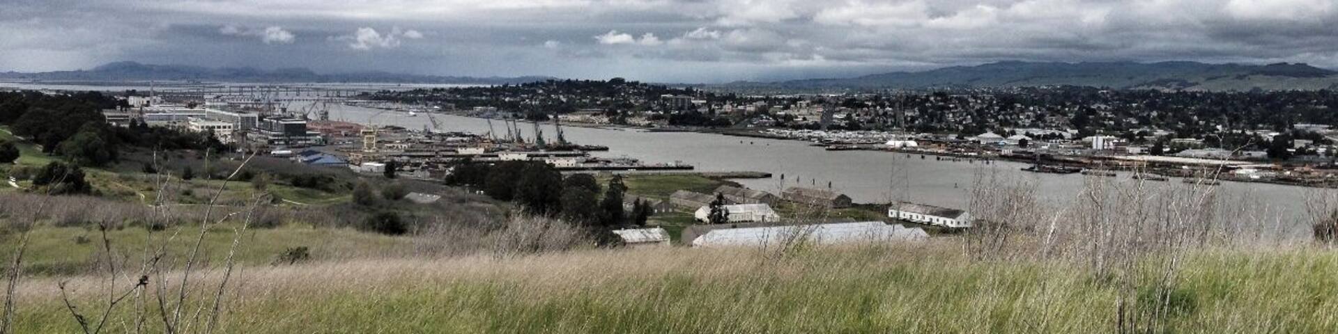 #TroverDetour - Looking out to the Mare Island shipyards and Vallejo, beyond, from the trail to the top of the Preserve. The hike goes up the old service roads, now closed to car traffic. Depart from the Education Center after stopping in to get the scoop on where to go and what to see.