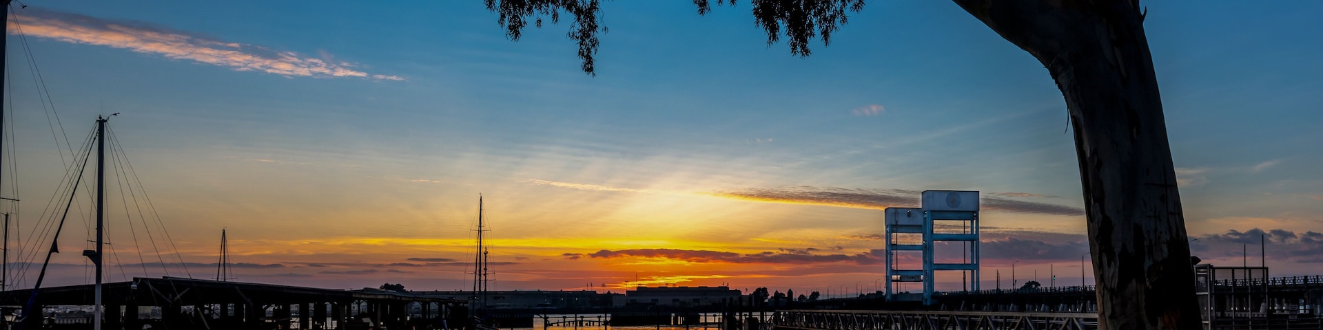 View of a beautiful sunset in the background of Mare Island seen from the Vallejo, Ca. marina