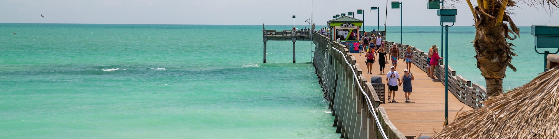 A beach with a wooden pier extending into the turquoise sea, palm trees, and people walking on the pier.