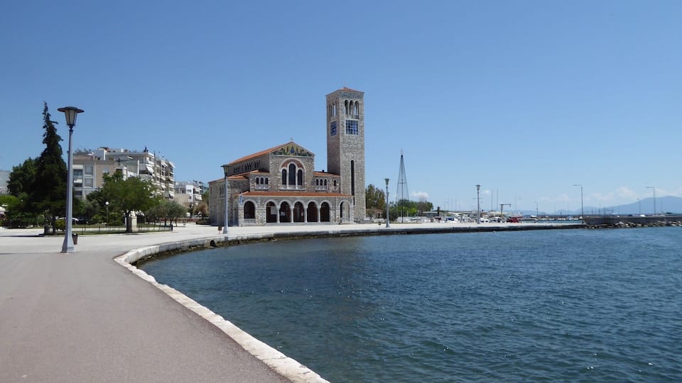 The Church of Agios Konstantinos at one end of the waterfront in Volos.