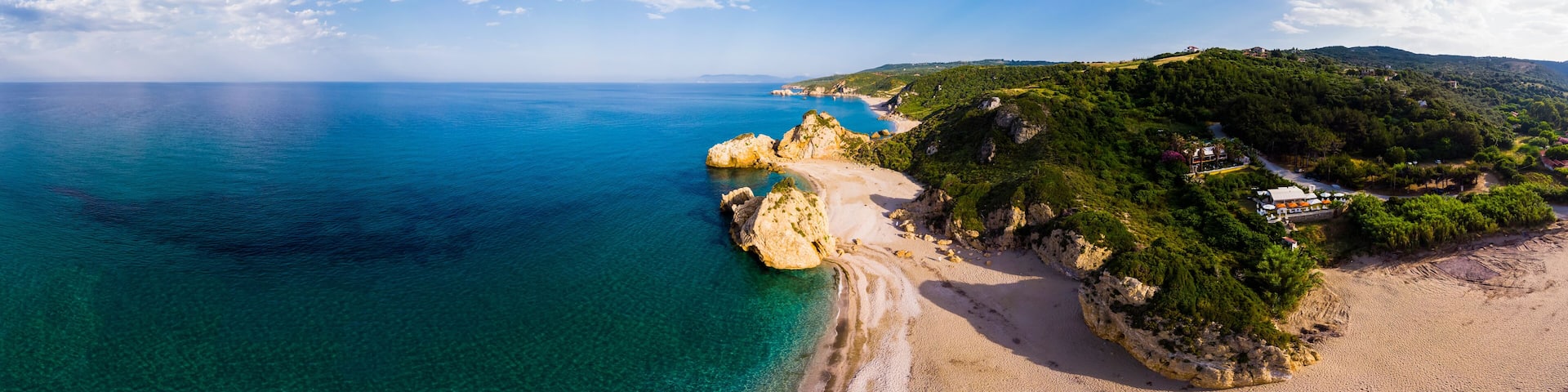 Greece, Pelion, Pagasetic Gulf, Sound of Trikeri, Pelion, Aerial view of rocky coast, beach