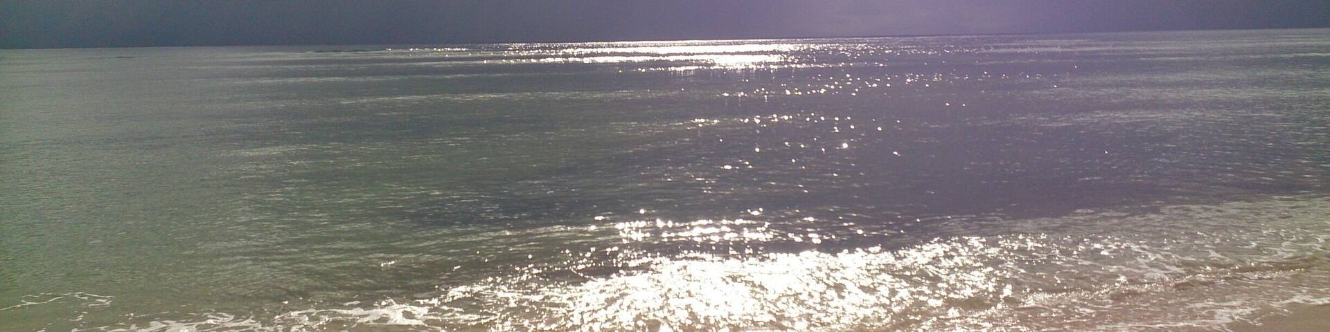A beach with calm waters reflecting sunlight, a cloudy sky, and a distant horizon.