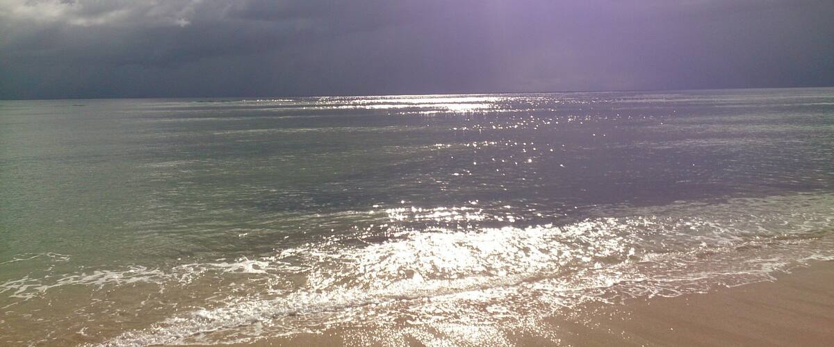 A beach with calm waters reflecting sunlight, a cloudy sky, and a distant horizon.