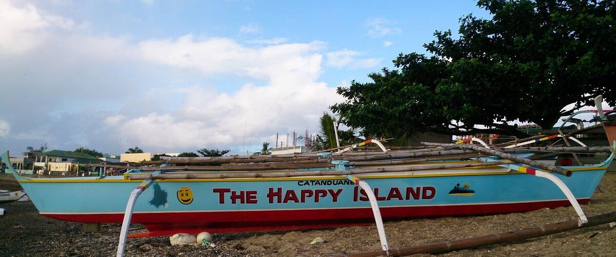 A colorful boat named "The Happy Island" with a smiling face and a palm tree on its side, docked on a beach with trees and buildings in the background.