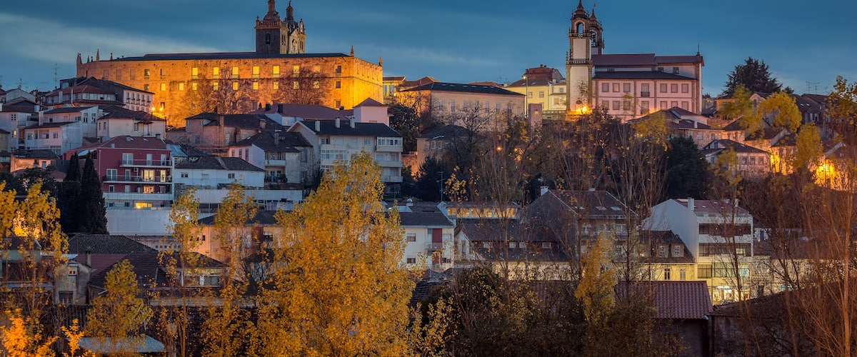 A historic cityscape with a prominent castle and church, surrounded by residential buildings and autumn foliage.