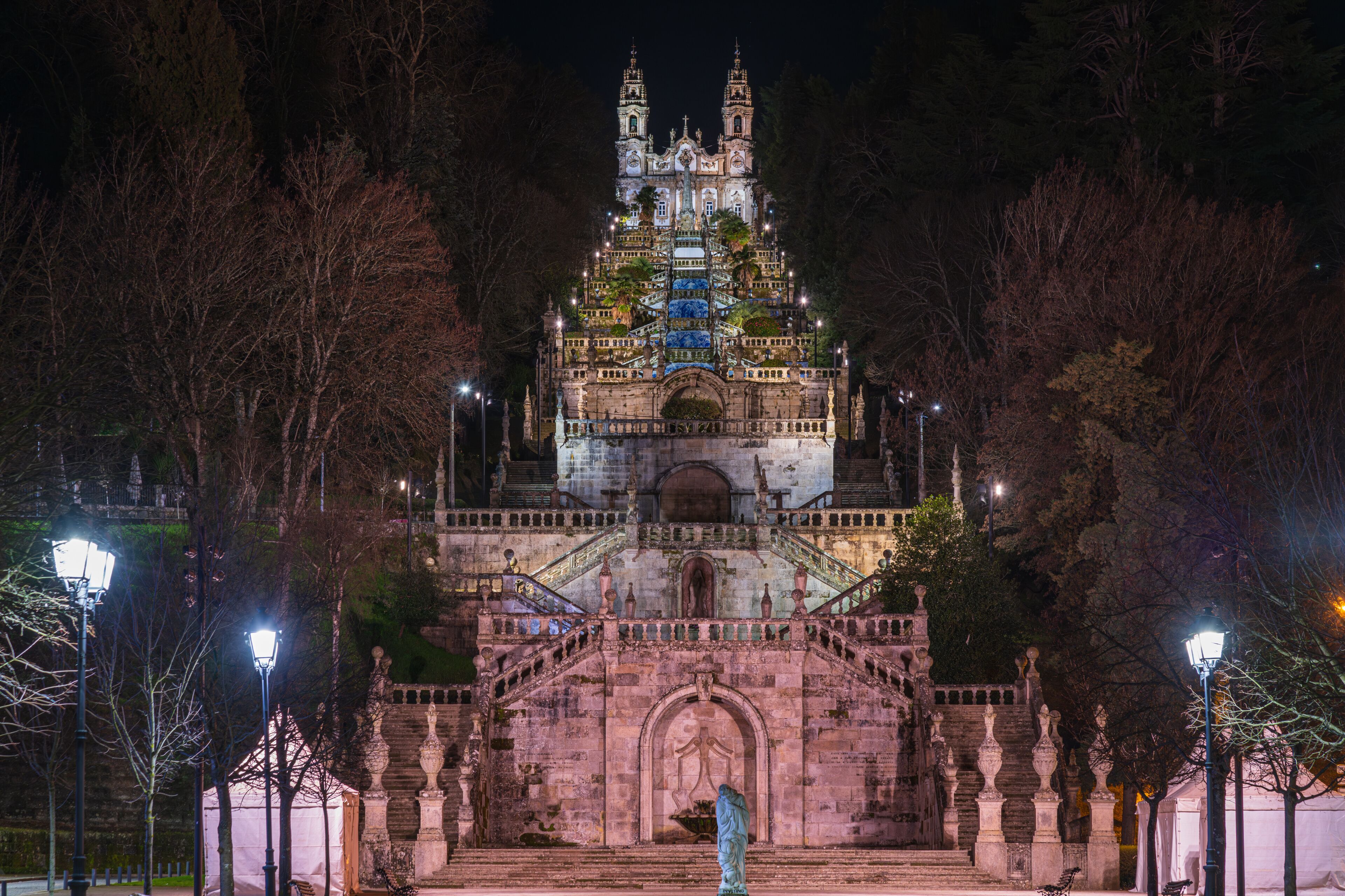 Lamego, Portugal. Amazing vie of The Nossa Senhora dos Remedios church day and night. The church stands at the top of Saint Stephen's hill.