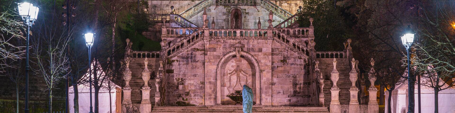 Lamego, Portugal. Amazing vie of The Nossa Senhora dos Remedios church day and night. The church stands at the top of Saint Stephen's hill.