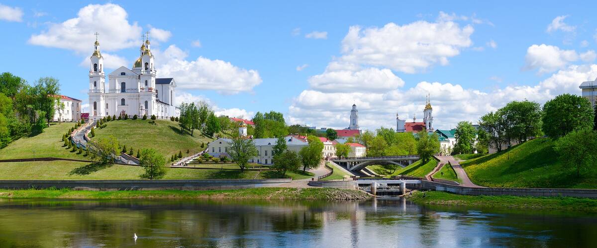 Beautiful view of historical center of Vitebsk over Western Dvina, Belarus