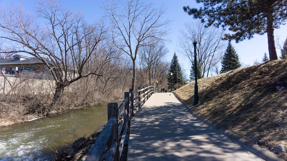 A riverside walkway with a wooden fence, trees, and a clear sky.