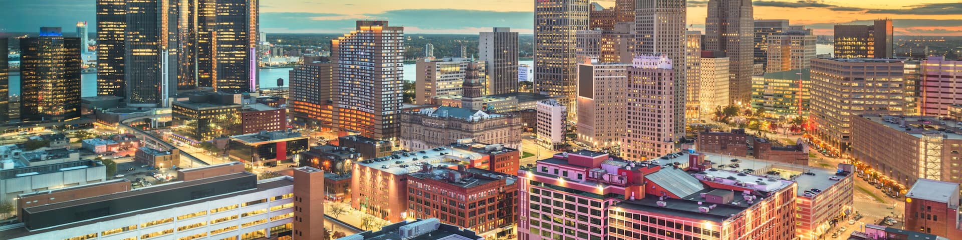 Detroit, Michigan, USA downtown skyline from above