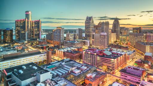 Detroit, Michigan, USA downtown skyline from above