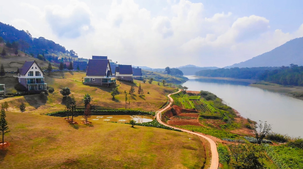 Aerial view of a small, beautiful and quiet European style villas resort on the bank of Tuyen Lam lake, Dalat, Vietnam