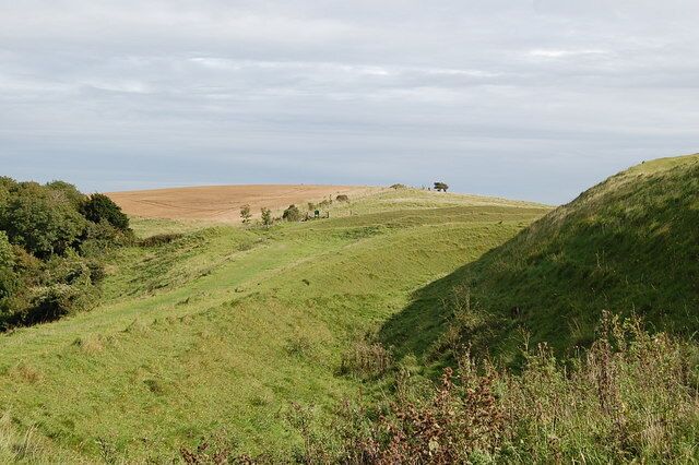 Rolling green hills, a distant tree, and a cloudy sky.