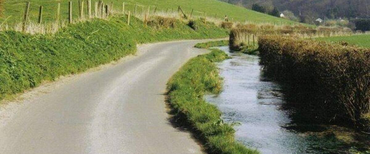 A narrow rural road curving alongside a small stream, bordered by grassy fields and a wooden fence.