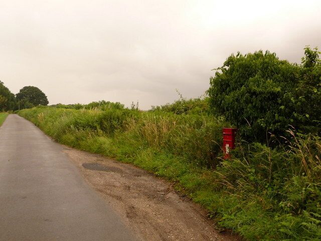 A rural road with a red post box on the right side.