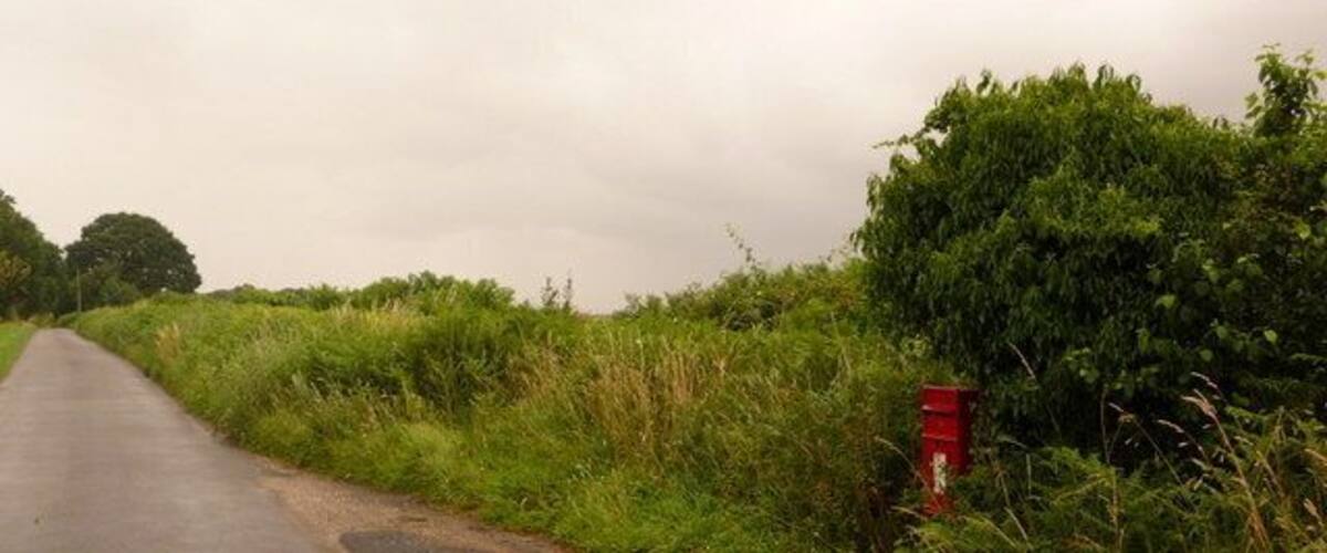 A rural road with a red post box on the right side.