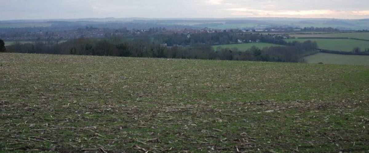 A grassy field with a distant town and rolling hills.