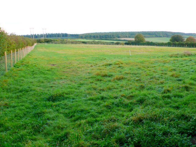 Fields near Lincoln farm The minor road cuts the very north west corner of the square. This is the view south east from just inside the square close to where the footpaths meet the road.