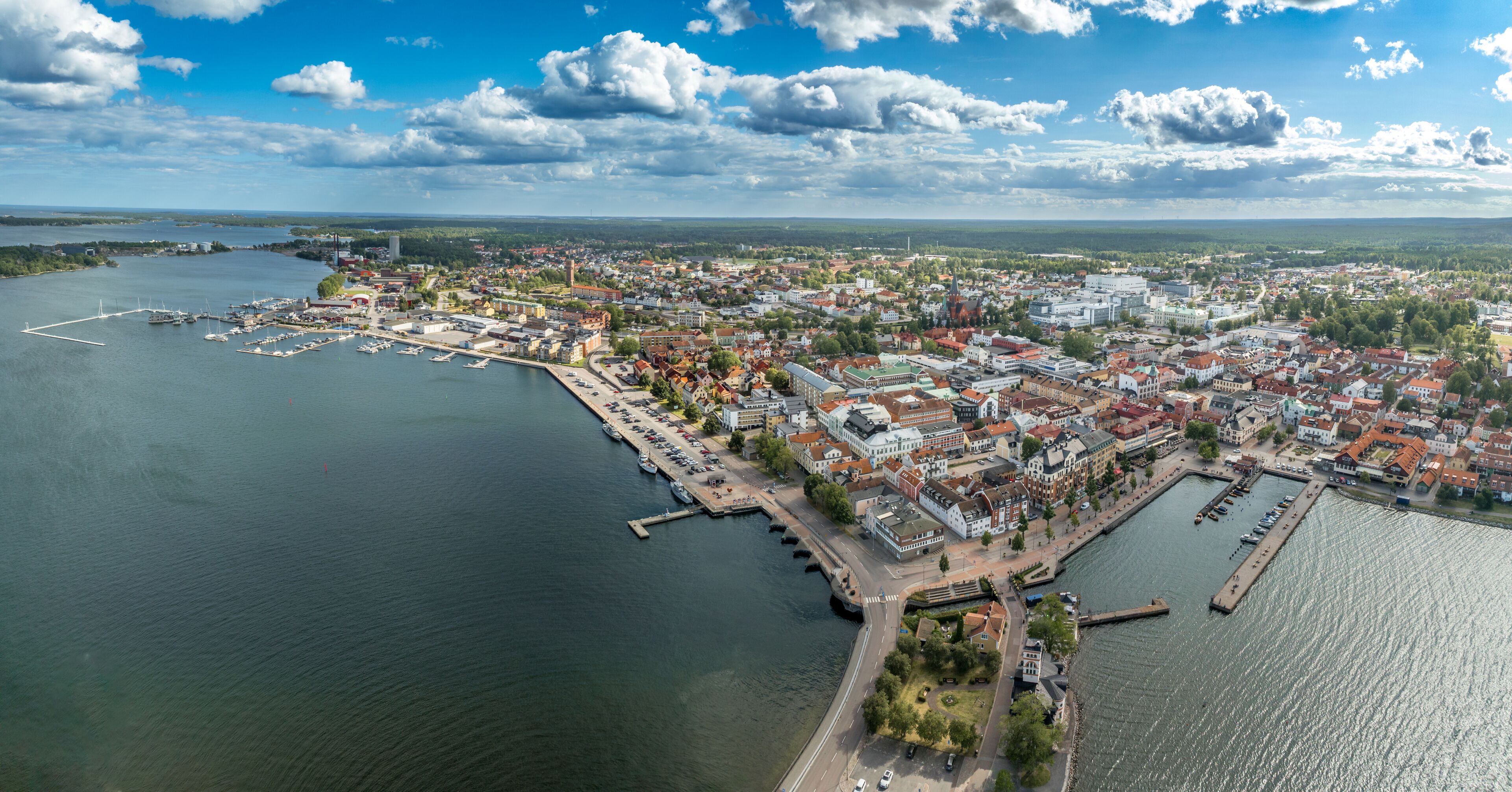 Aerial panoramic view of Västervik town in Sweden popular summer vacation spot for locals