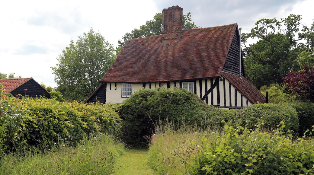 Timber framed cottage with brick chimney backed by trees at the end of a grass path and behind wild flower and grass patch, privet hedges and privet arch, at Nazeing, Essex, England