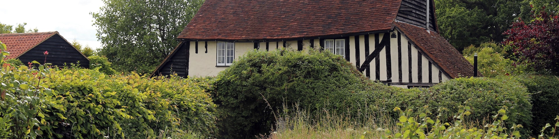 Timber framed cottage with brick chimney backed by trees at the end of a grass path and behind wild flower and grass patch, privet hedges and privet arch, at Nazeing, Essex, England