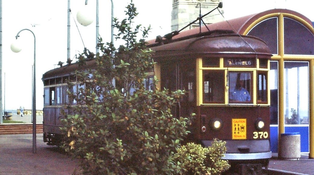 Glenelg tram stop at the end of the line from Adelaide (1986 photo) + Pioneer Memorial