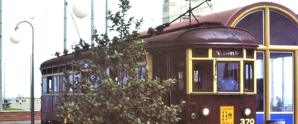 Glenelg tram stop at the end of the line from Adelaide (1986 photo) + Pioneer Memorial