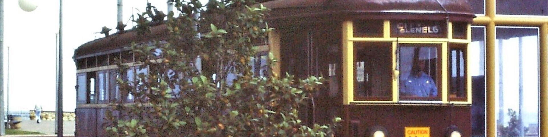 Glenelg tram stop at the end of the line from Adelaide (1986 photo) + Pioneer Memorial