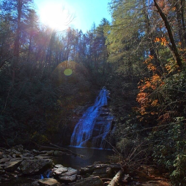 Helton creek falls. Arguably the most beautiful falls in north Georgia. After parking its a .5 mile hike to the platform to view the upper falls. In the fall and winter the sun shines directly at you from late morning through the afternoon. 
