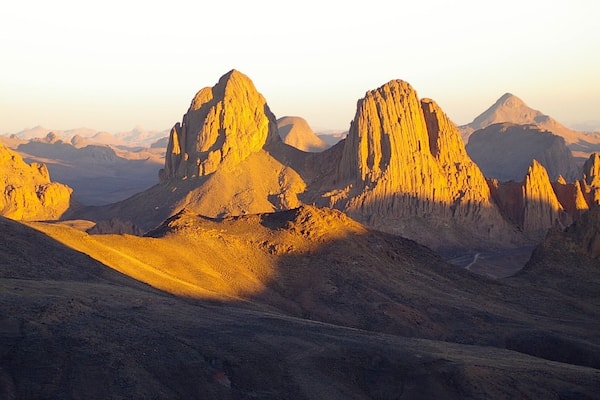 A rugged mountain range with sharp peaks and valleys.