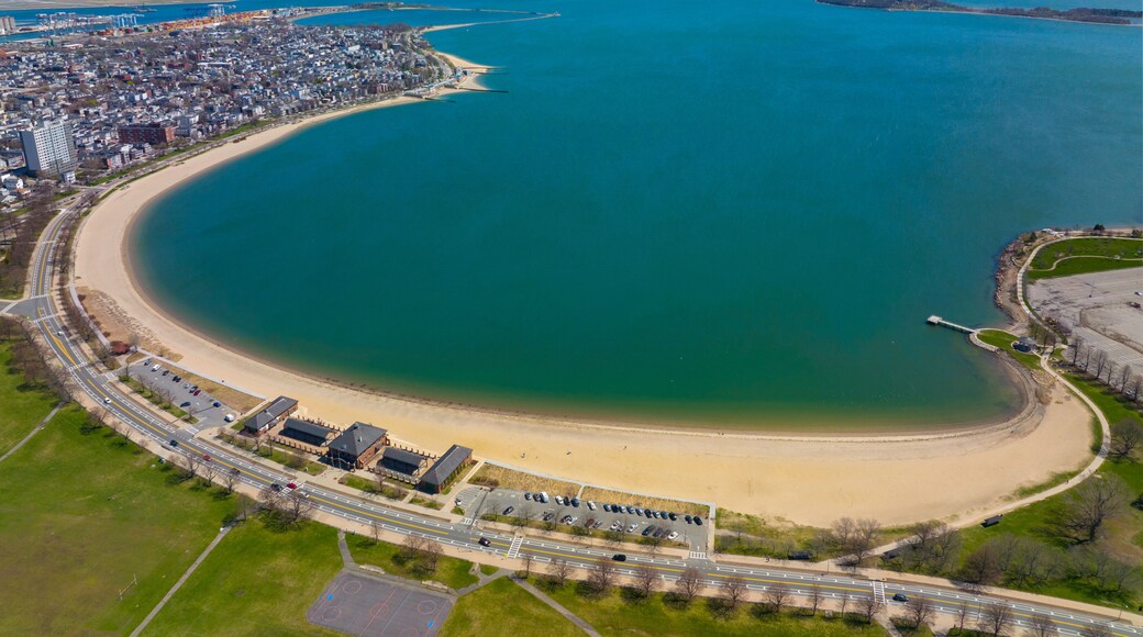 Carson Beach and Dorchester Penninsula historic district aerial view in spring from South Boston, Massachusetts MA, USA.