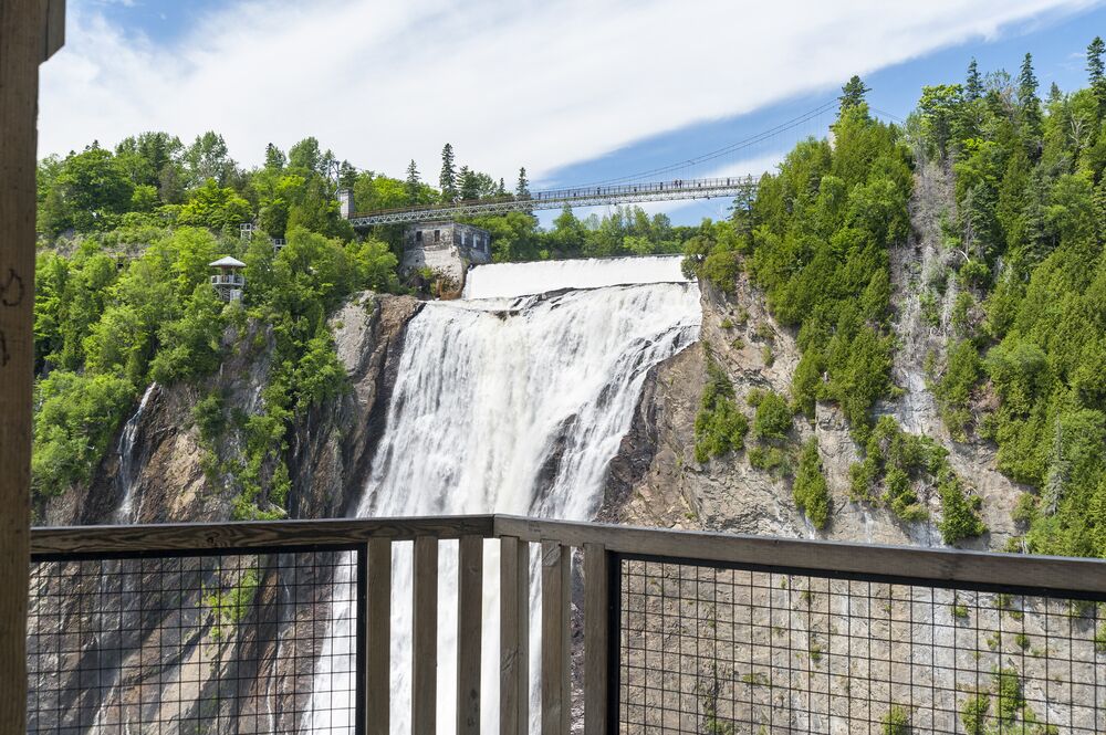 Montmorency Falls viewed from gazebo across basin; Shutterstock ID 405049207; PO: Hcom Destination Content neighborhoods; Client: Hotels.com; Other: Hcom brand budge