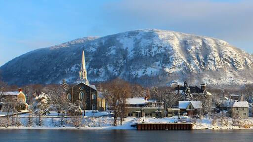 Mont St-Hilaire at distance from across Richelieu River, taken from Beloeil, Qc