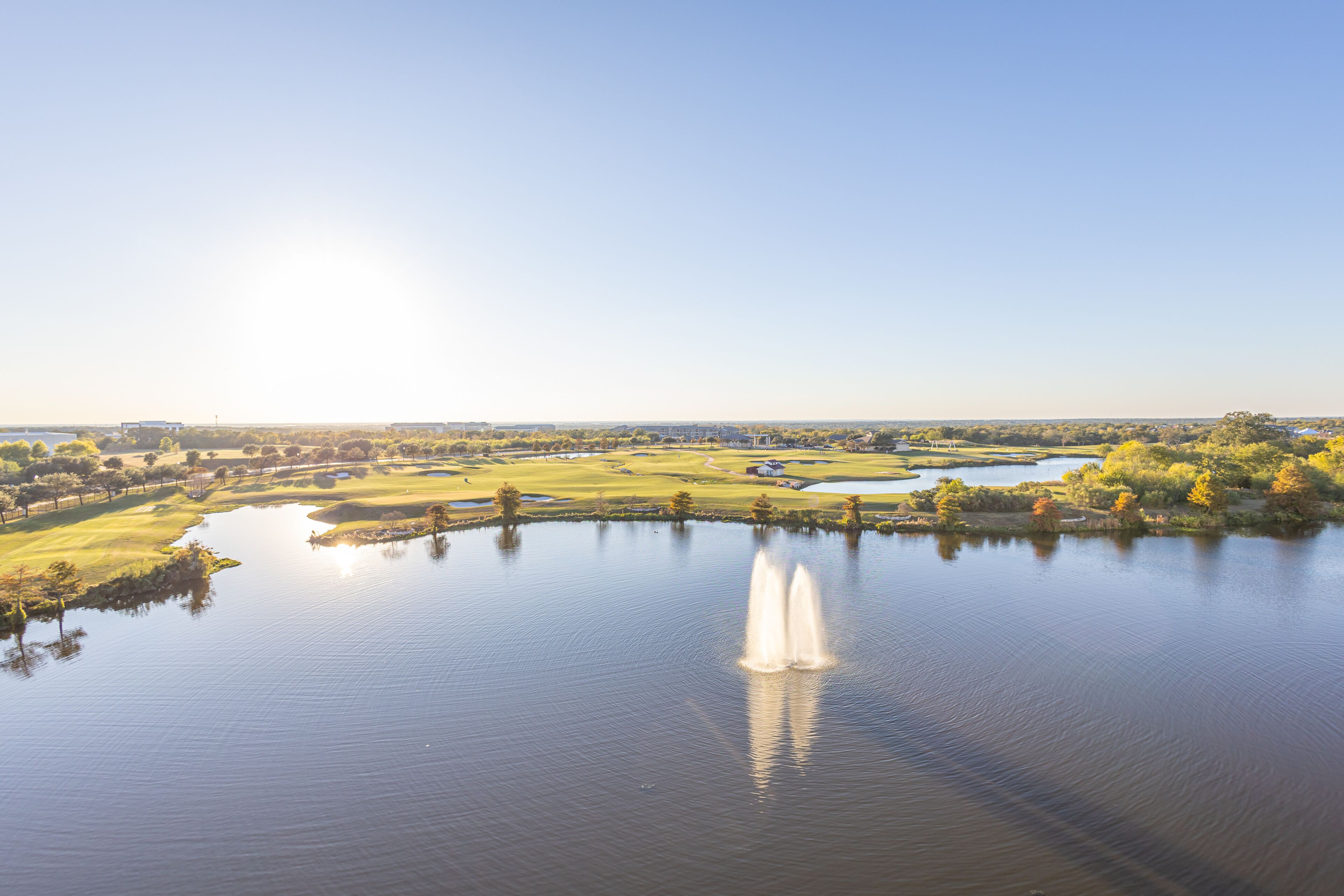 Aerial view of the Goodman Family Aggie Golf Complex, James ('95) and Sarina ('90) and Atlas Lake, in Bryan, Texas, United States.