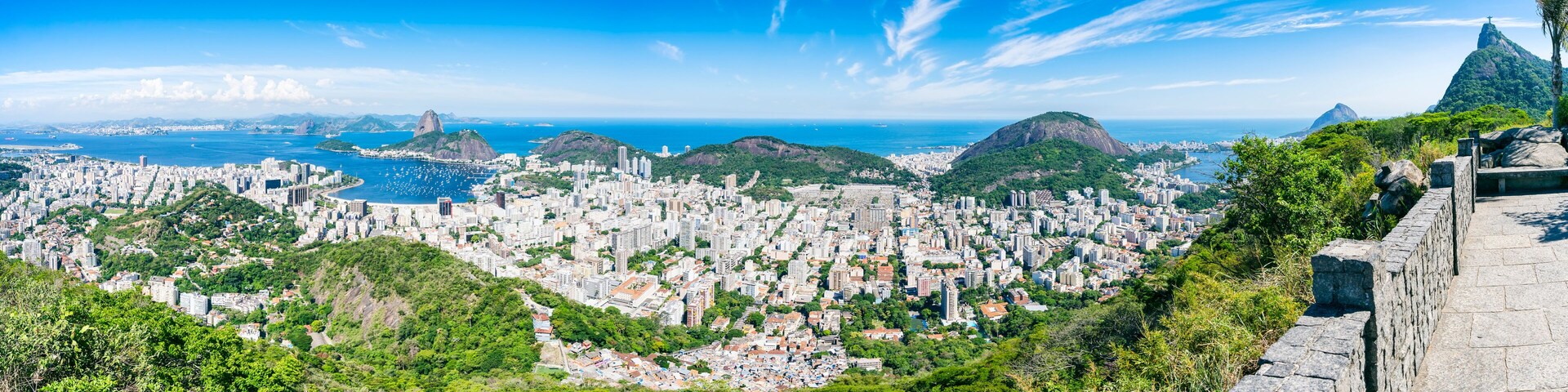Scenic panorama of the Rio de Janeiro, Brazil city skyline with Sugarloaf Mountain Botafogo and Guanabara Bay under bright blue Brazilian skies
