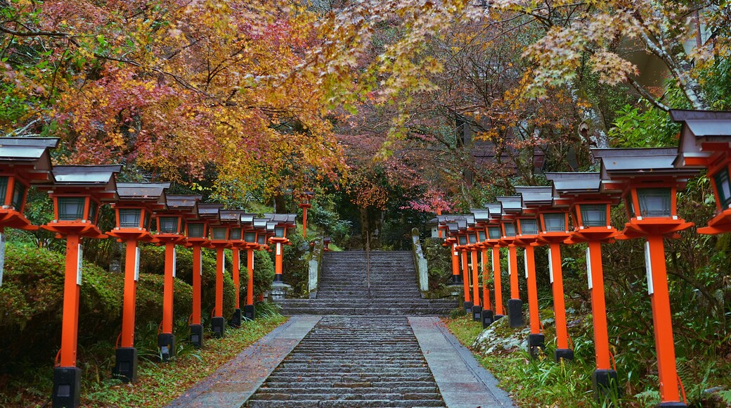 Traditional lamp posts beside the stairs in the Kurama Dera Temple, Kyoto, Japan.