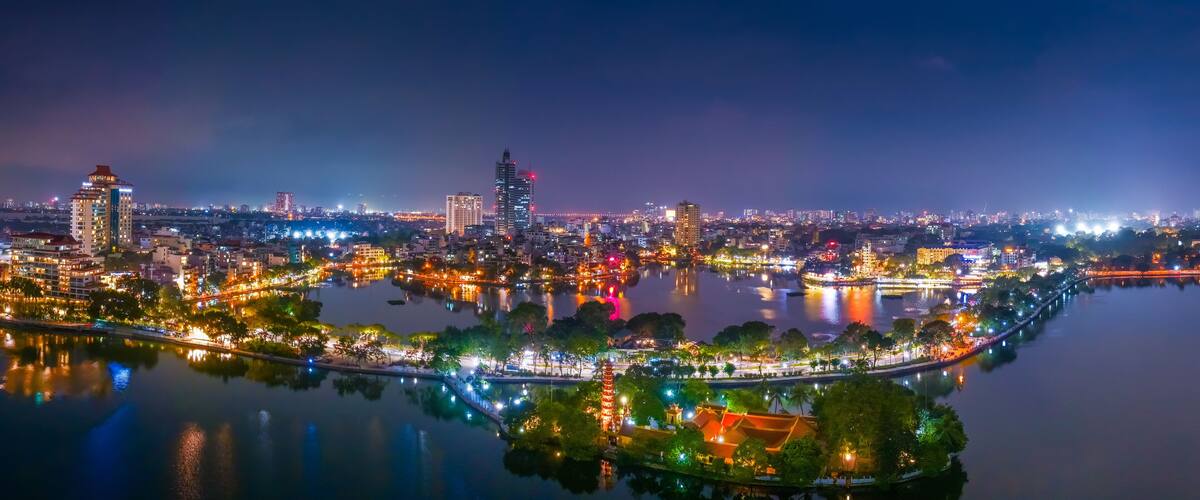Aerial view of Tran Quoc pagoda, the oldest temple in Hanoi, Vietnam.