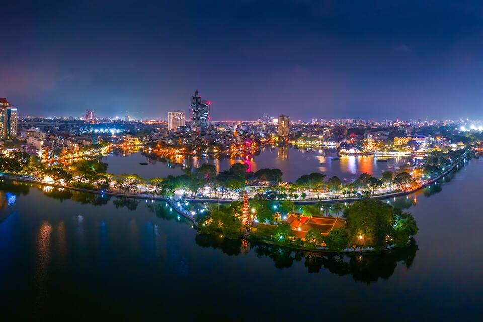 Aerial view of Tran Quoc pagoda, the oldest temple in Hanoi, Vietnam.