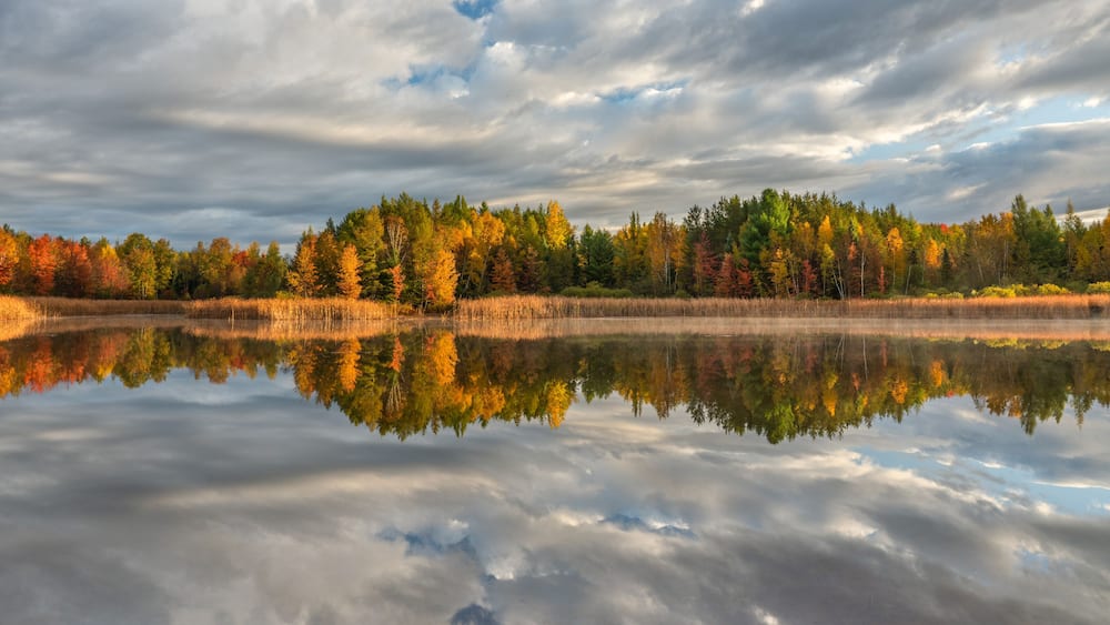 Beautiful morning light with autumn color reflection on the lake at the Backus Township Park in central Michigan