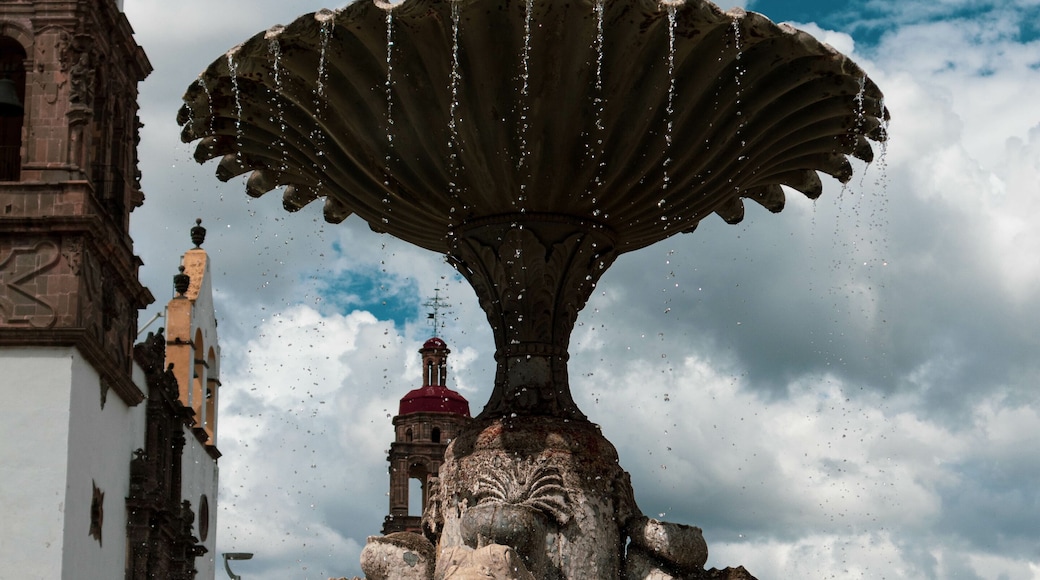 Beautiful fountain in front of Irapuato Cathedral in Mexico on a sunny day