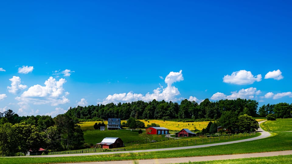 A rural landscape with a winding road, green fields, a red barn, and a blue house.