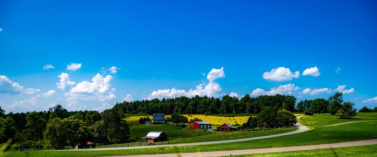 A rural landscape with a winding road, green fields, a red barn, and a blue house.