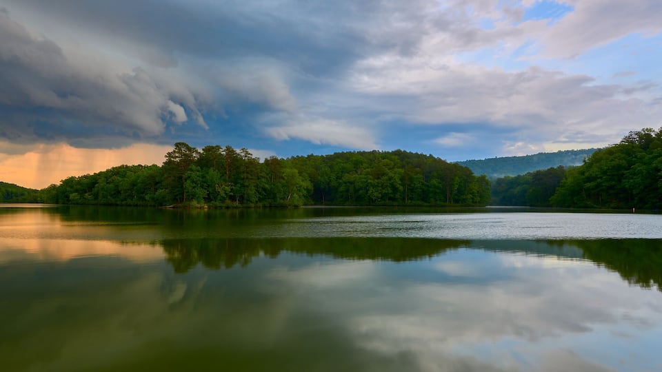 A calm lake surrounded by dense forest and a cloudy sky.