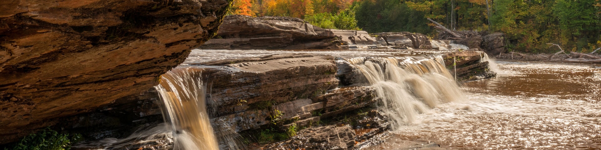 Autumn close up of Bonanza Falls on the Big Iron River - near Silver City and Porcupine Mountains Wilderness State Park - Michigan Upper Peninsula
