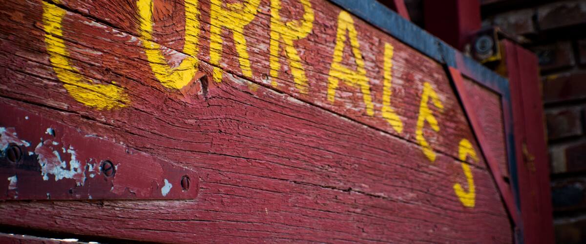 A wooden sign with the text "CORRALES" painted in yellow.