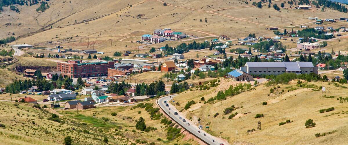 Cripple Creek Aerial - National Historic District view from the air in small Gambling town of Cripple Creek in Teller County, Colorado