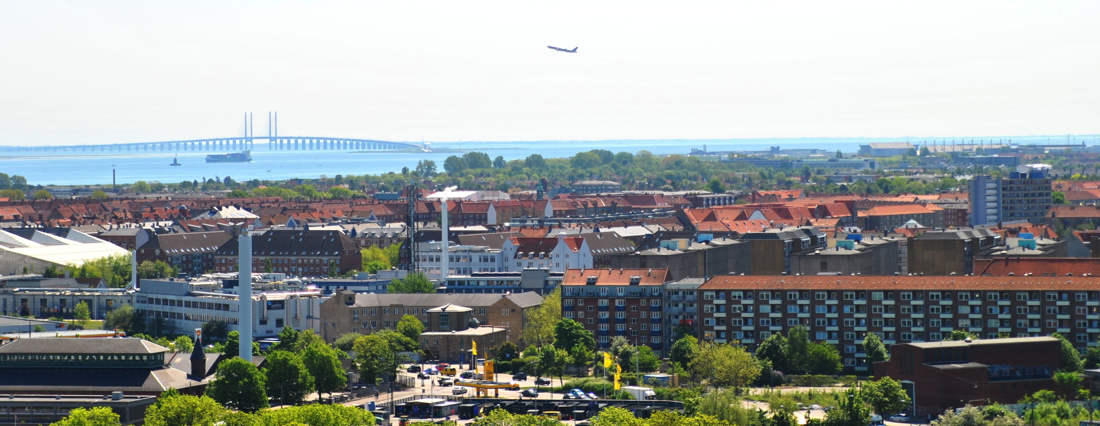 A cityscape with a prominent bridge in the background, a mix of residential and commercial buildings, and a clear sky.