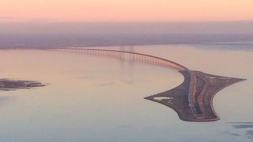 View of the Øresund Bridge while flying from Copenhagen airport