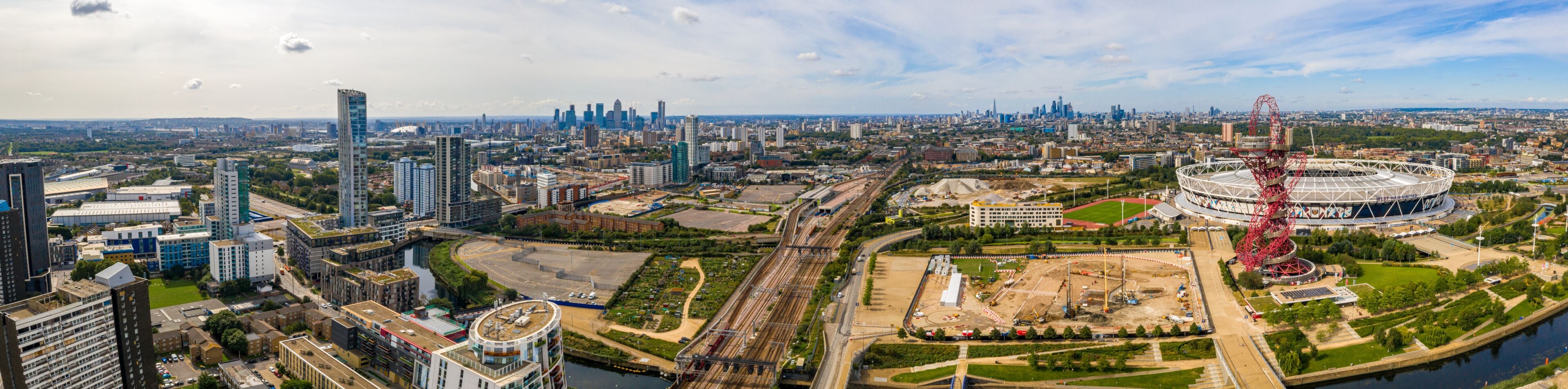 August 10, 2019. London, UK. Aerial view of the Olympic park in London with the the Olympic Stadium and the ArcellorMittal Orbit tower.